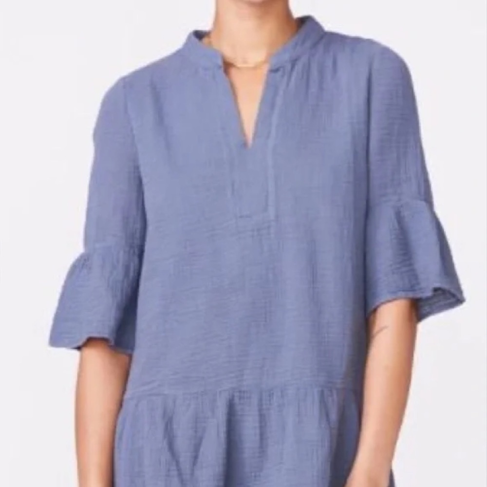Monrow V-Neck Ruffle Blue Tunic Cotton Gauze Xs Summer Y2k Boho